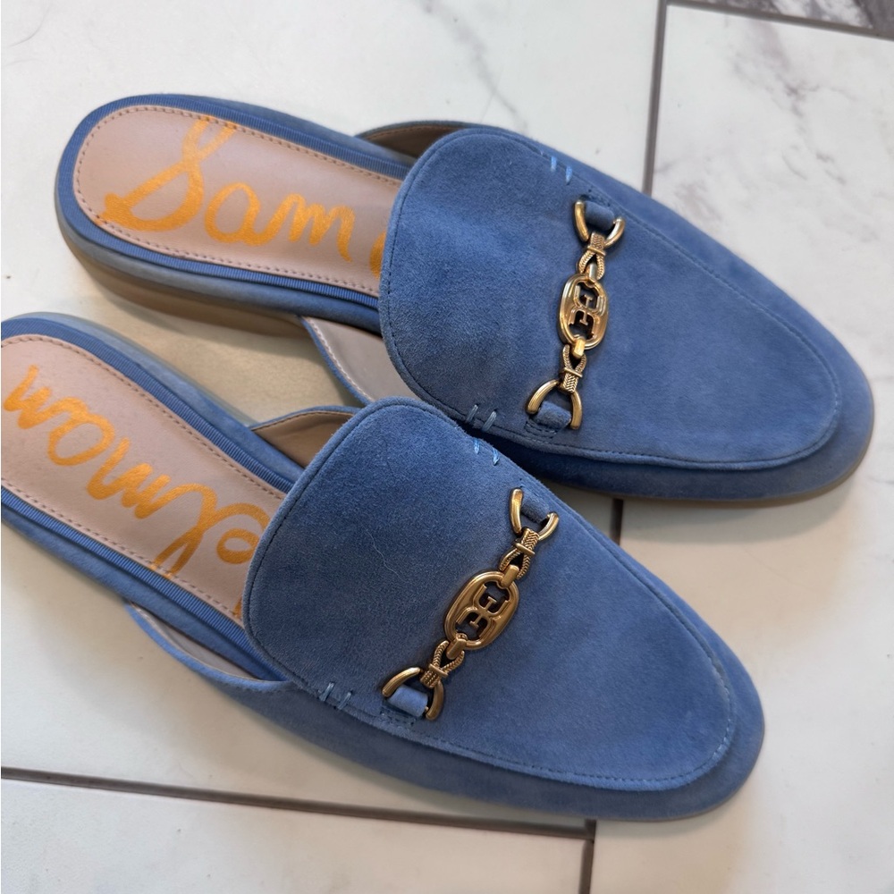 Sam Edelman Blue Suede Mules with Gold Chain